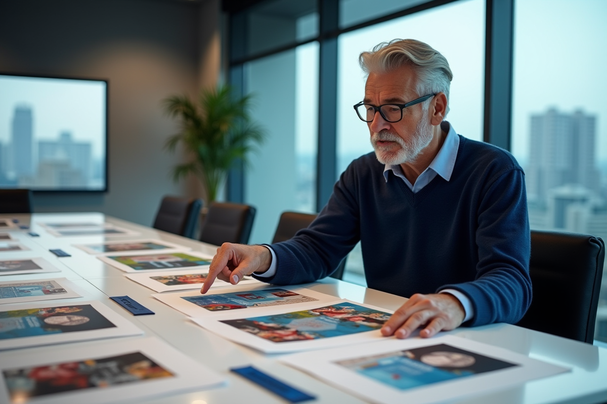 Homme en réunion examinant des maquettes de magazines