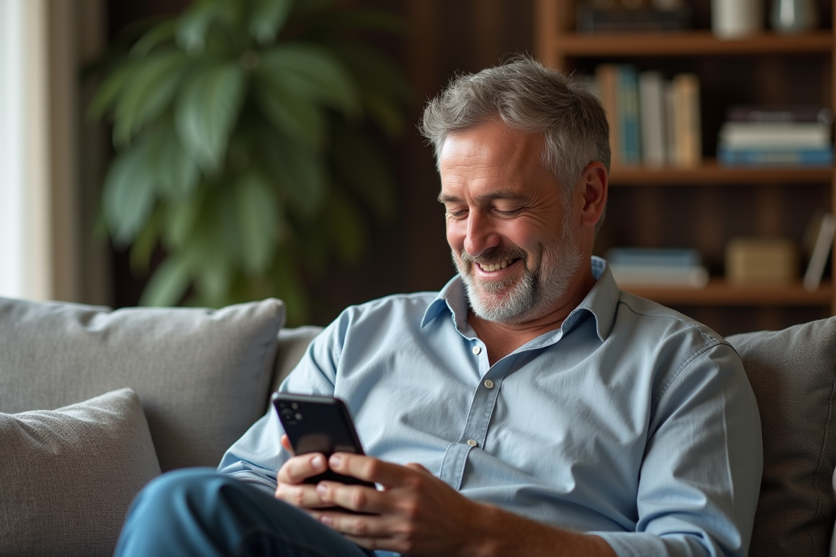 Homme détendu utilisant son smartphone dans un salon cosy à la maison