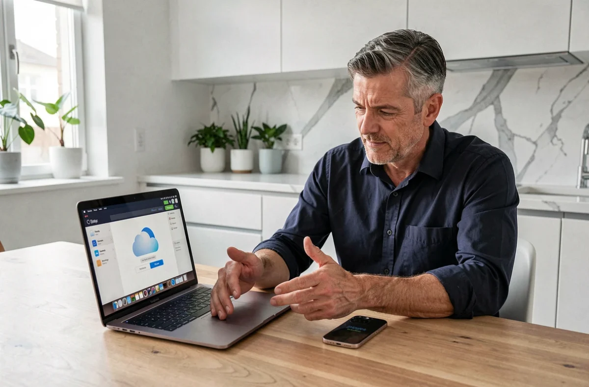Homme utilisant MacBook et iPhone pour accéder à la sauvegarde iCloud et récupérer des photos perdues