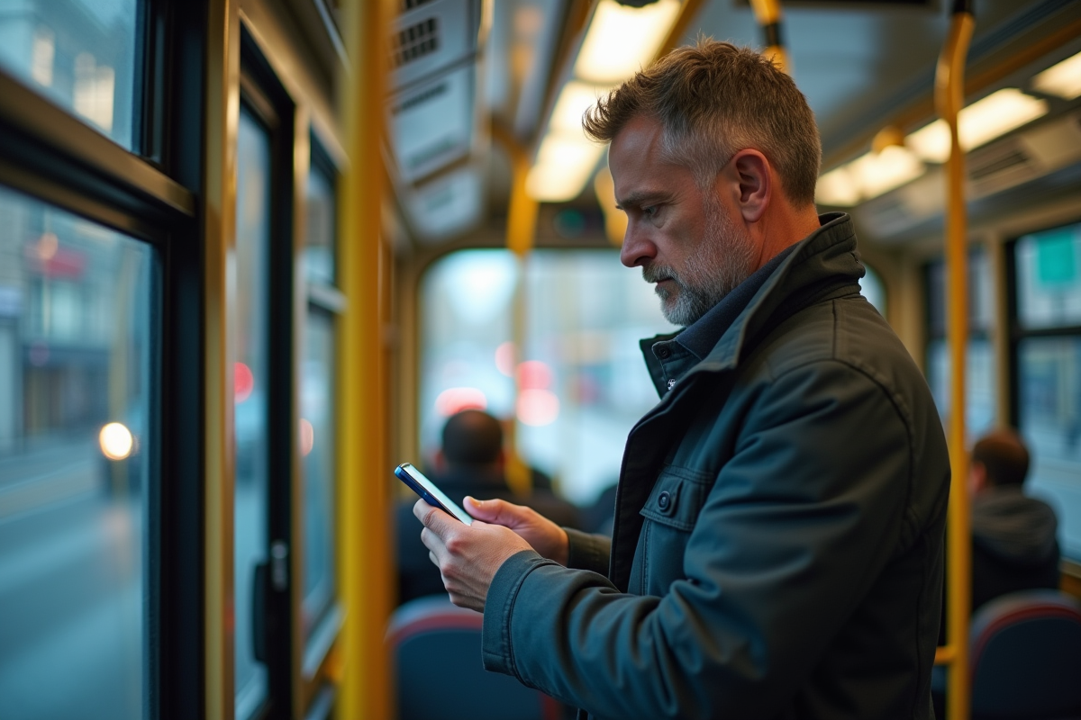 Homme dans un bus urbain utilisant son smartphone pour la messagerie