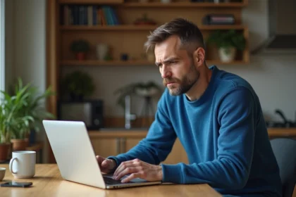 Homme d'une trentaine examine un téléphone portable ancien