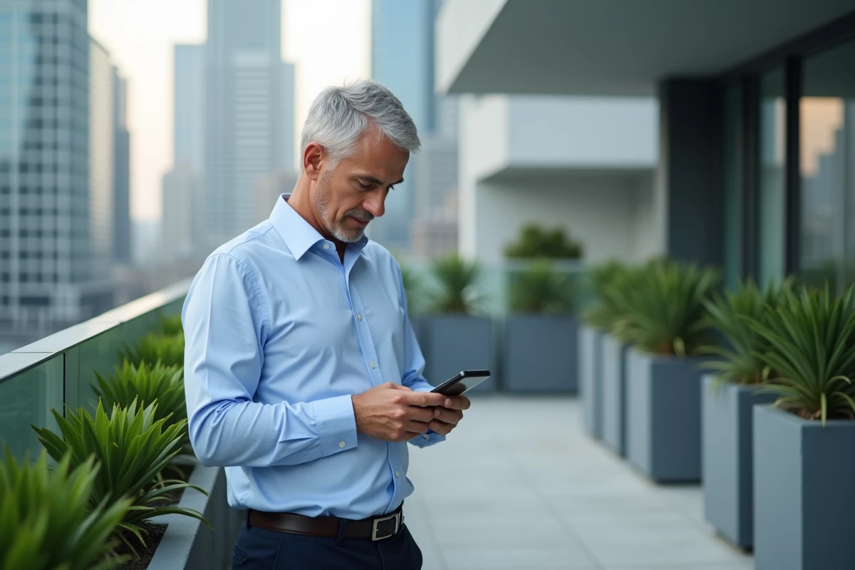 Homme d affaires vérifiant ses emails sur smartphone en ville