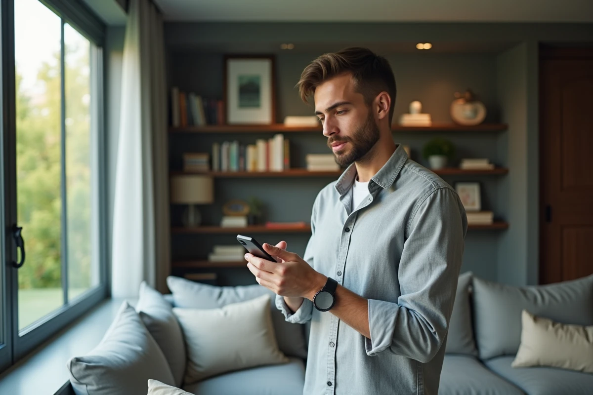 Homme vérifiant ses résultats sur smartphone dans le salon