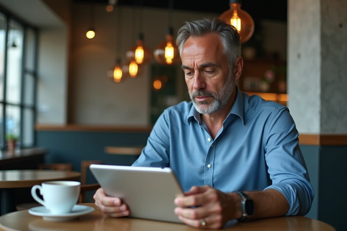 Homme gérant ses notifications Webmail Normandie sur tablette dans un café moderne