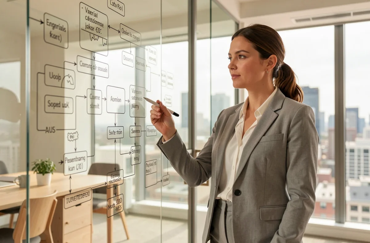 Designer UX de l'agence Horizon devant un mur de wireframes et de parcours utilisateurs dans un bureau moderne avec vue sur la ville