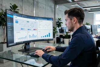 Ingénieur analysant les coûts d'un ordinateur quantique via une interface cloud sur grand écran de bureau