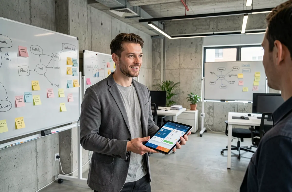 Entrepreneur d'InnovZone présentant une solution numérique innovante dans un bureau de type startup
