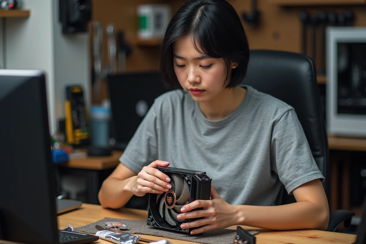 Femme inspectant le dissipateur thermique d'une carte graphique démontée pour évaluer l'état de la pâte thermique