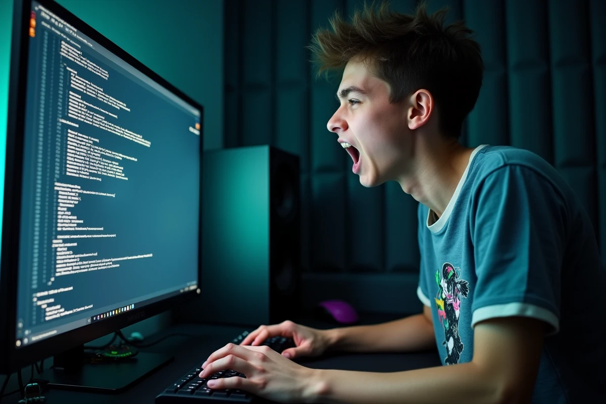 Jeune gamer utilisant l'invite de commandes Windows pour vider le cache de FiveM devant un écran ultrawide