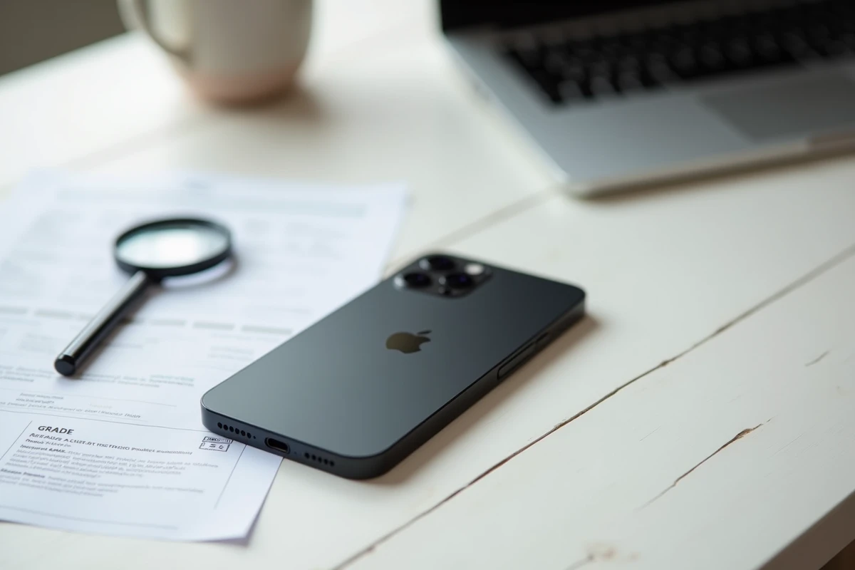 iPhone 14 Pro reconditionné posé sur un bureau avec une certification grade A, dans un contexte d'évaluation et de comparaison