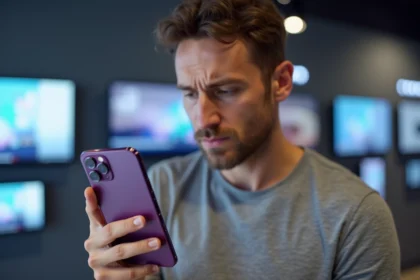 Homme examinant un iPhone 14 Pro reconditionné grade A dans une boutique tech, regard attentif sur l'état de l'appareil