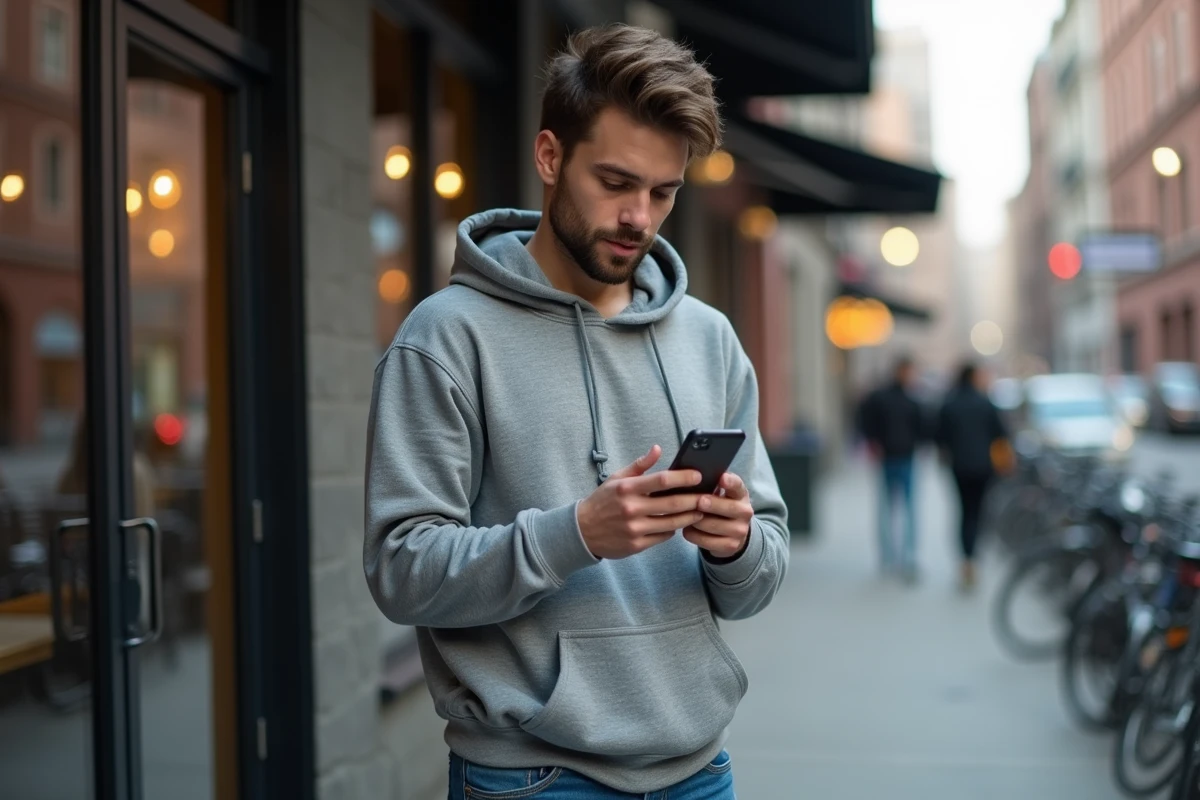 Jeune adulte utilisant un iPhone devant un café urbain, meilleur iPhone à acheter en 2026