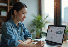 Jeune femme analysant YouTube sur son ordinateur dans un appartement