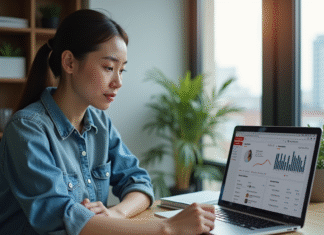 Prix de 1 million de vues sur YouTube : comment le calculer et l’optimiser ? Jeune femme analysant YouTube sur son ordinateur dans un appartement