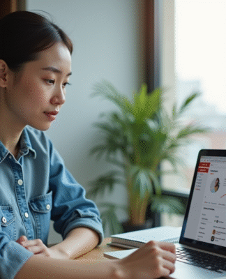 Jeune femme analysant YouTube sur son ordinateur dans un appartement