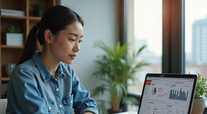 Jeune femme analysant YouTube sur son ordinateur dans un appartement