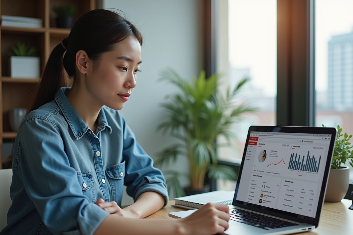 Jeune femme analysant YouTube sur son ordinateur dans un appartement