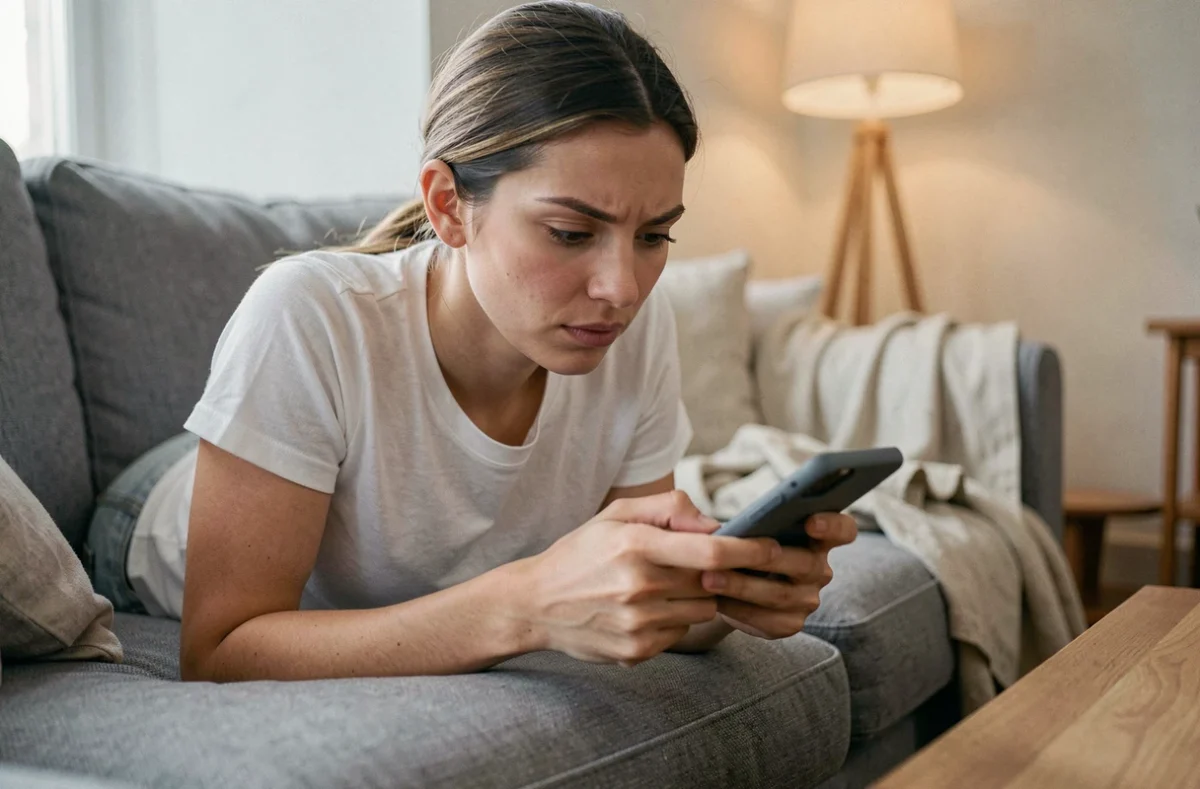 Jeune femme allongée sur un canapé hésitant à bloquer ou supprimer un contact sur Messenger depuis son téléphone