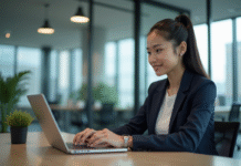 Jeune femme professionnelle interagissant avec un chatbot au bureau