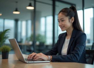 Rentabilité des chatbots : une opportunité de business à ne pas négliger ? Jeune femme professionnelle interagissant avec un chatbot au bureau