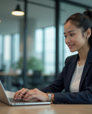 Jeune femme professionnelle interagissant avec un chatbot au bureau