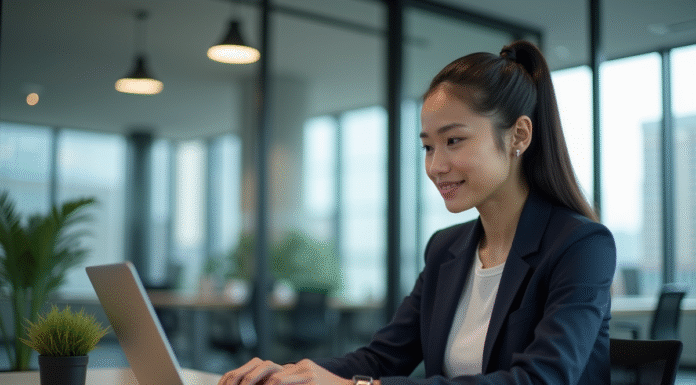 Jeune femme professionnelle interagissant avec un chatbot au bureau