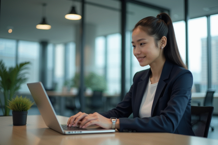 Jeune femme professionnelle interagissant avec un chatbot au bureau