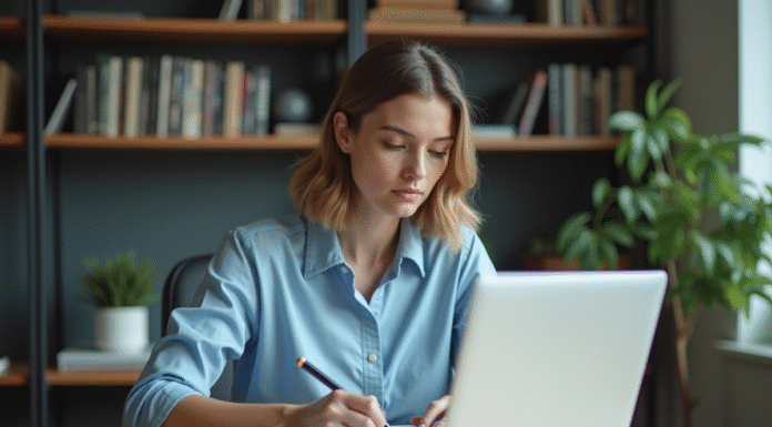 Jeune femme au bureau travaillant sur son ordinateur