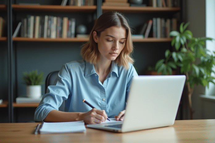 Jeune femme au bureau travaillant sur son ordinateur