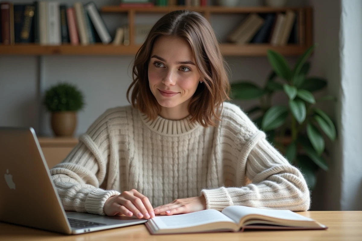 Jeune femme concentrée travaillant sur son ordinateur dans un bureau moderne