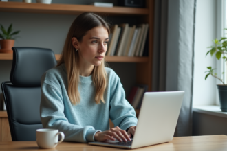 Jeune femme concentrée sur son ordinateur dans un bureau à domicile