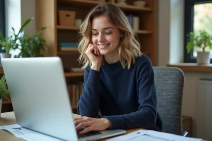 Jeune femme au bureau regardant un tableau de raccourcis clavier