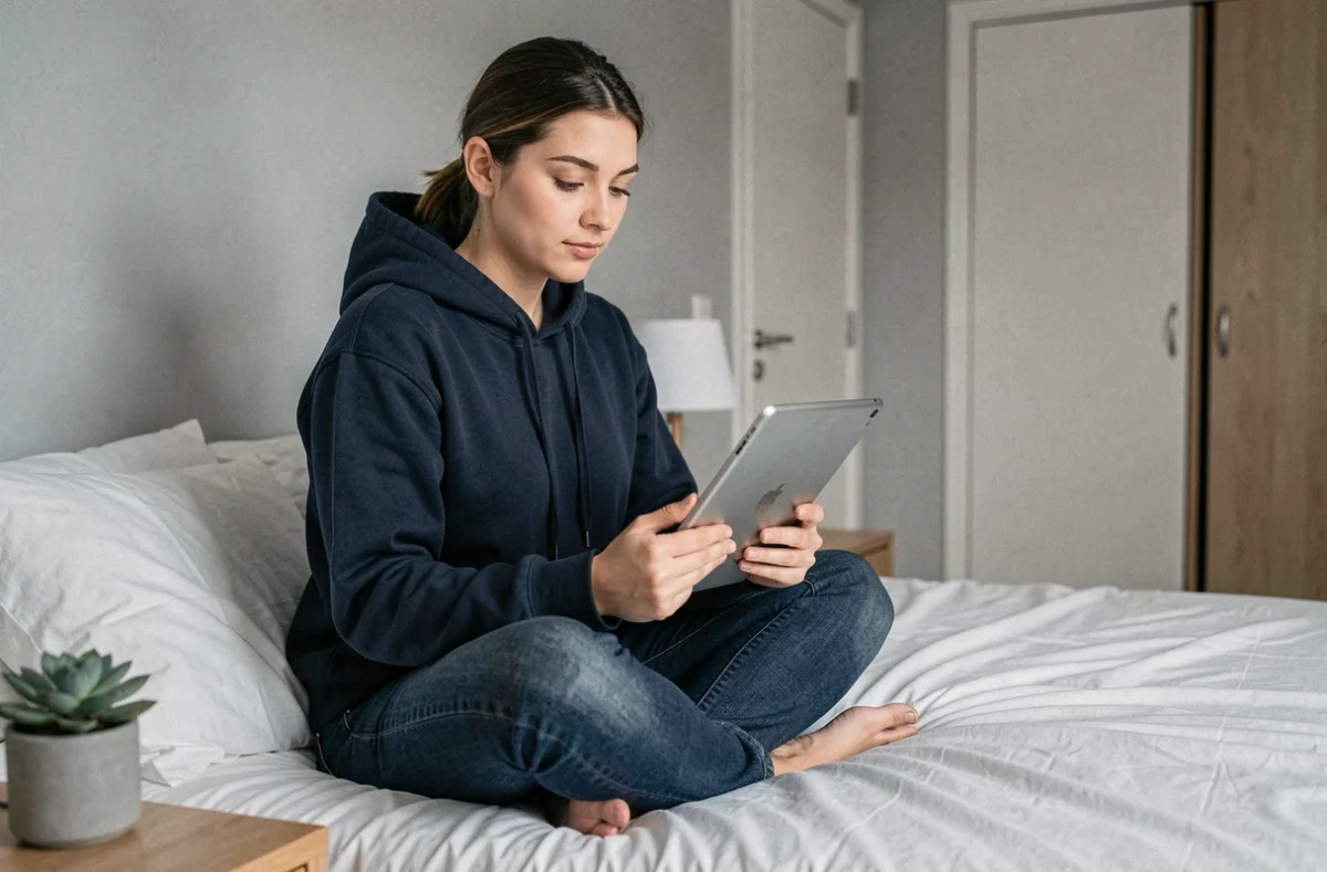 Jeune femme consultant ses emails AOL sur une tablette depuis son lit dans une chambre minimaliste