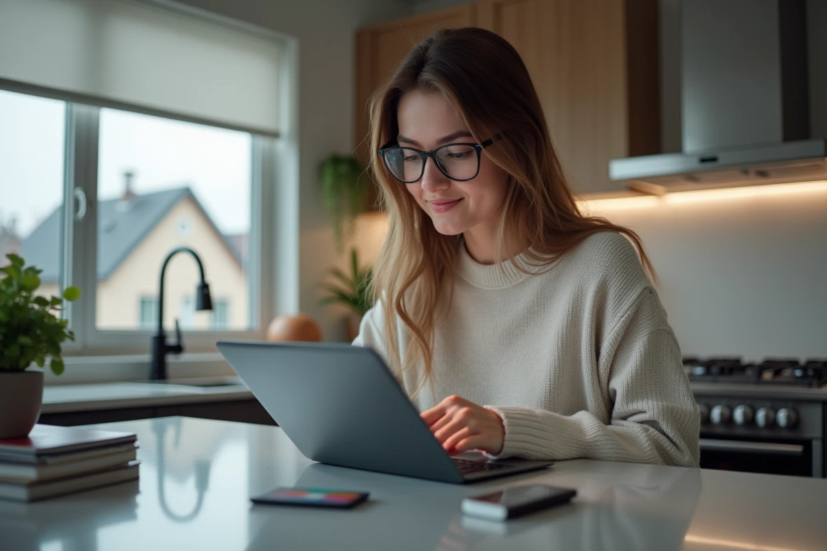 Jeune femme téléchargeant Windows 7 sur une tablette moderne