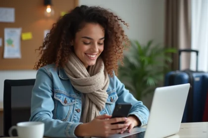 Jeune femme étudiante au bureau avec smartphone et laptop