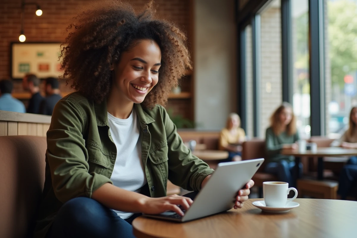 Jeune femme consultant les résultats de recherche Google sur une tablette dans un café urbain