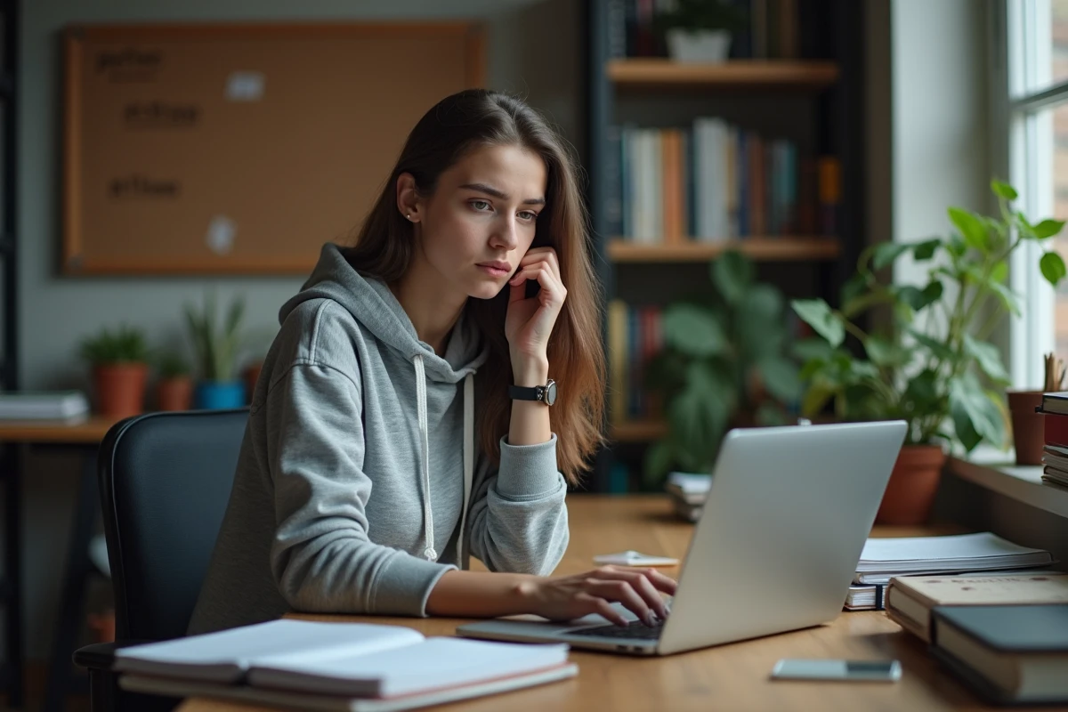 Jeune femme perplexe devant son ordinateur dans un bureau à domicile