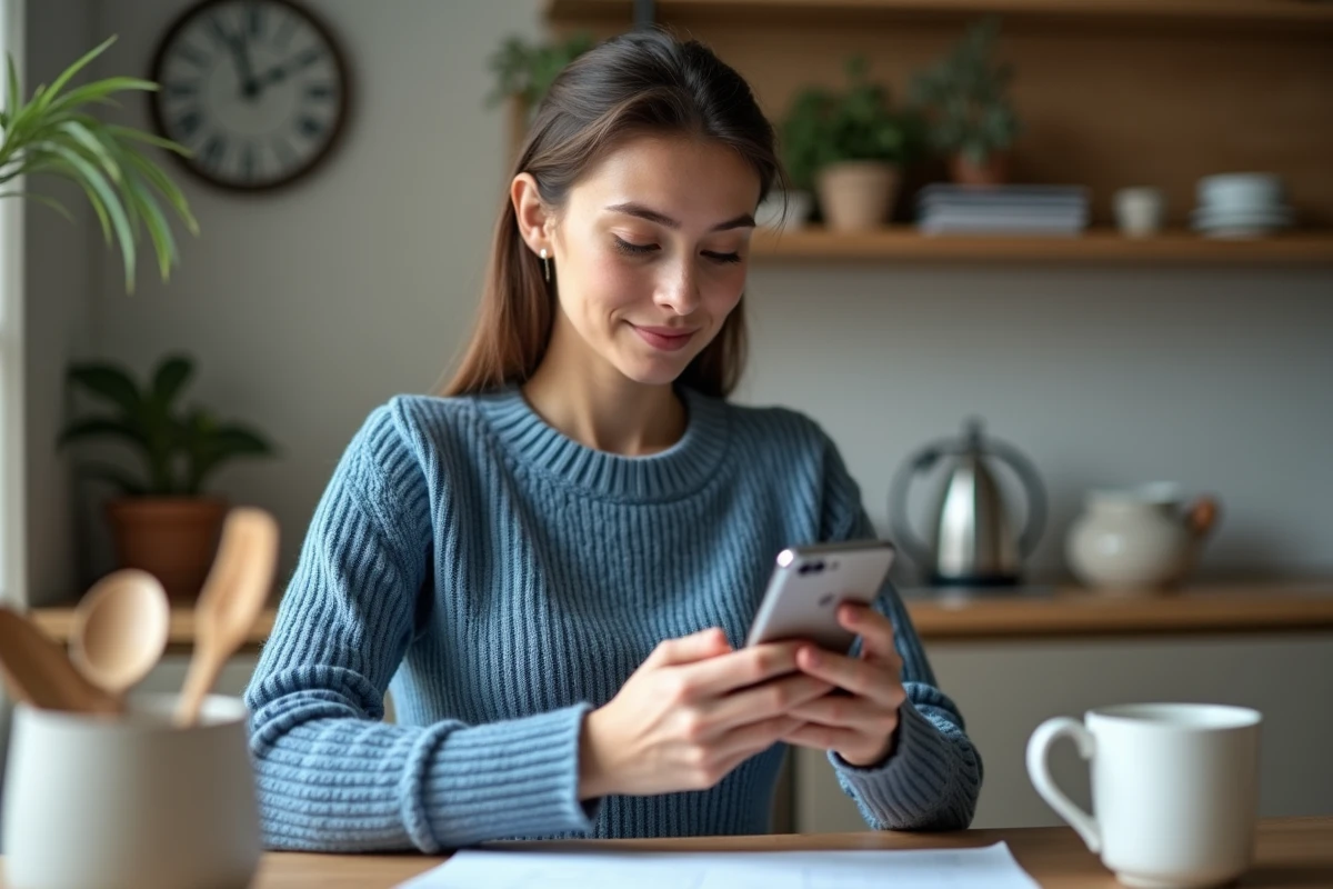 Jeune femme utilisant son smartphone dans une cuisine chaleureuse