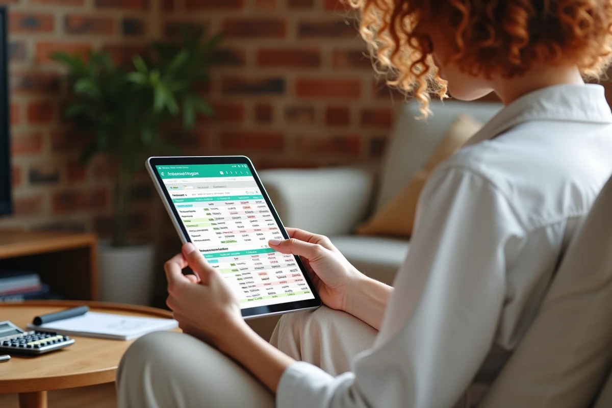 Jeune femme sur canapé utilisant une tablette avec Excel et des cellules figées pour gérer son budget personnel