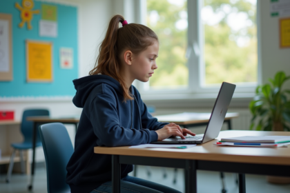 Jeune fille concentrée à étudier sur son ordinateur en classe