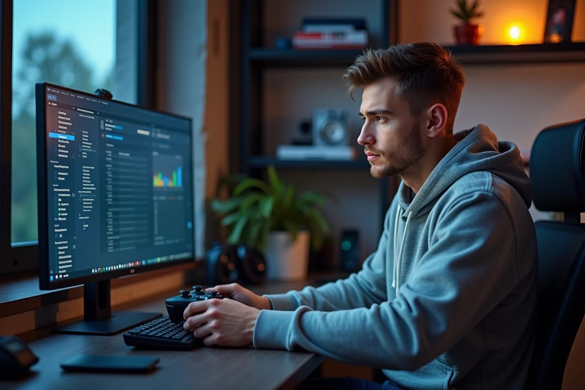 Jeune homme en hoodie configure un contrôleur de jeu sur PC