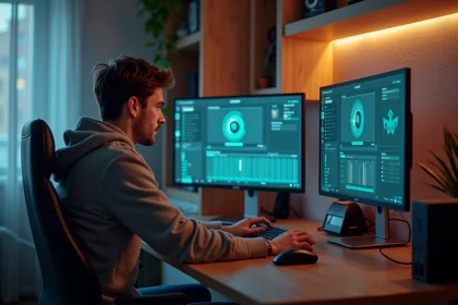 Jeune homme ajustant son PC gaming dans sa chambre