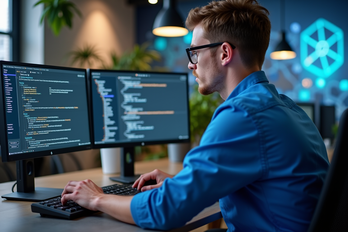 Jeune homme surveillant des containers Kubernetes sur deux écrans dans un bureau moderne