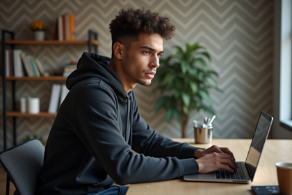 Jeune homme concentré travaillant sur son ordinateur dans un appartement