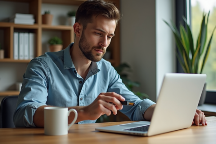 jeune-homme-ordinateur-bureau Jeune homme débranchant une clé USB sur un bureau moderne