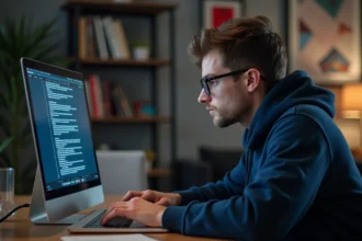 Jeune homme en hoodie regardant son écran d'ordinateur avec inquiétude