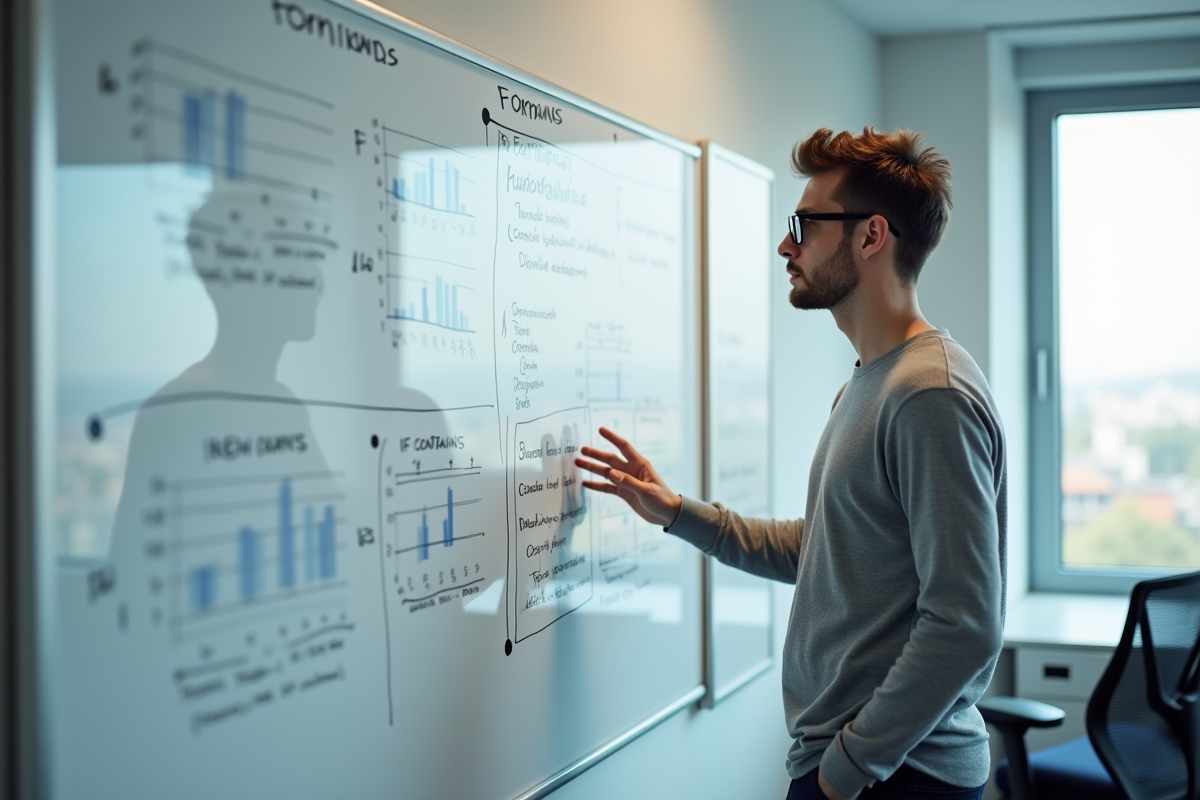 Jeune homme expliquant des données sur un tableau blanc avec Excel