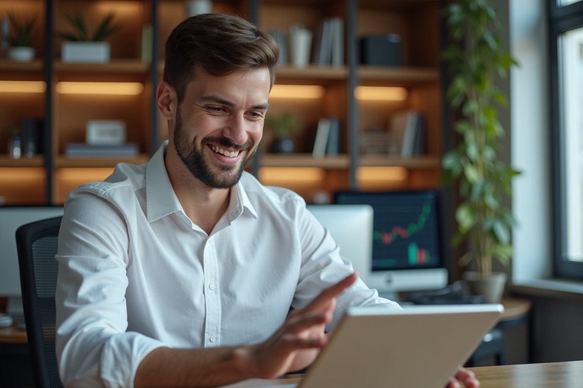 Jeune responsable marketing utilisant une tablette à domicile