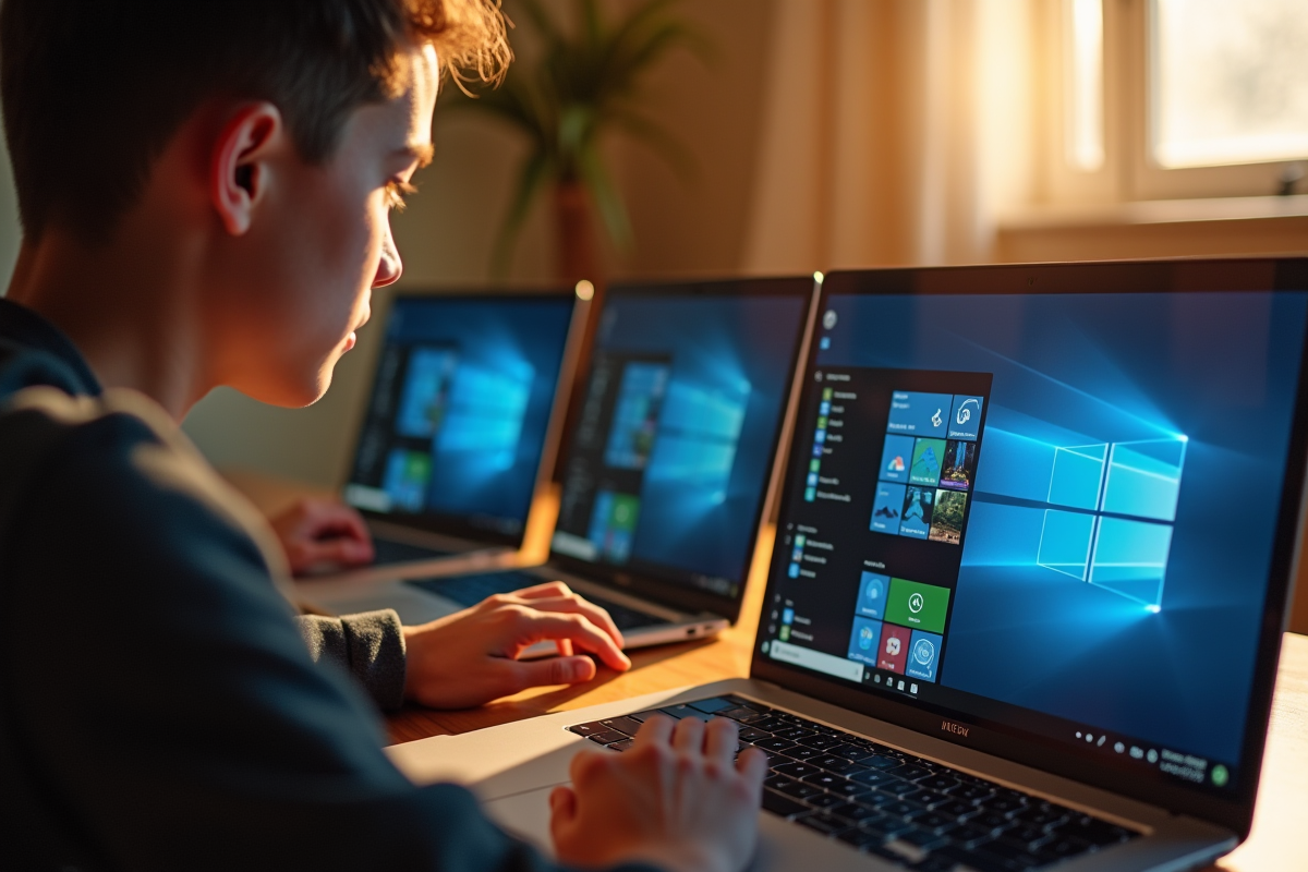 Jeune professionnel examinant quatre laptops ouverts avec logos Intel