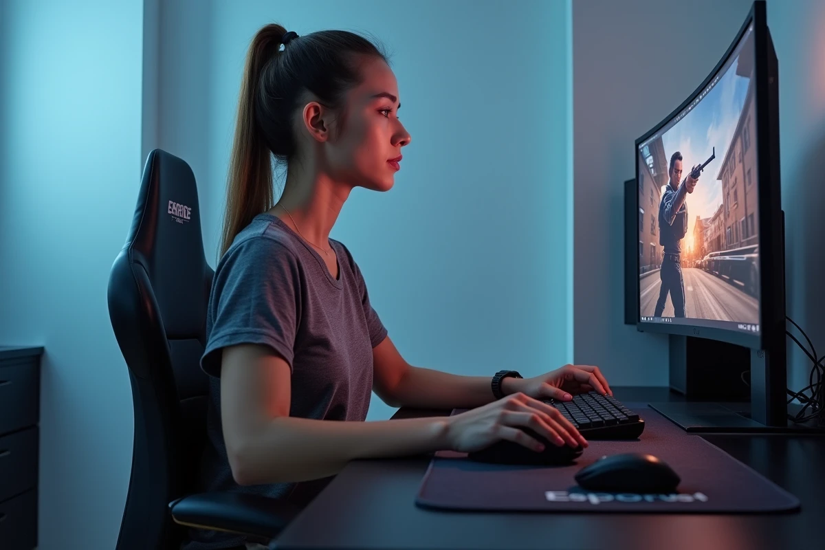 Joueuse de FPS compétitif ajustant sa sensibilité souris sur un PC gaming avec tension dans le poignet